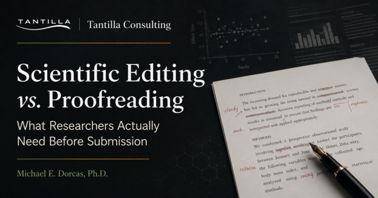 Scientific Editing vs. Proofreading article graphic showing an edited research manuscript