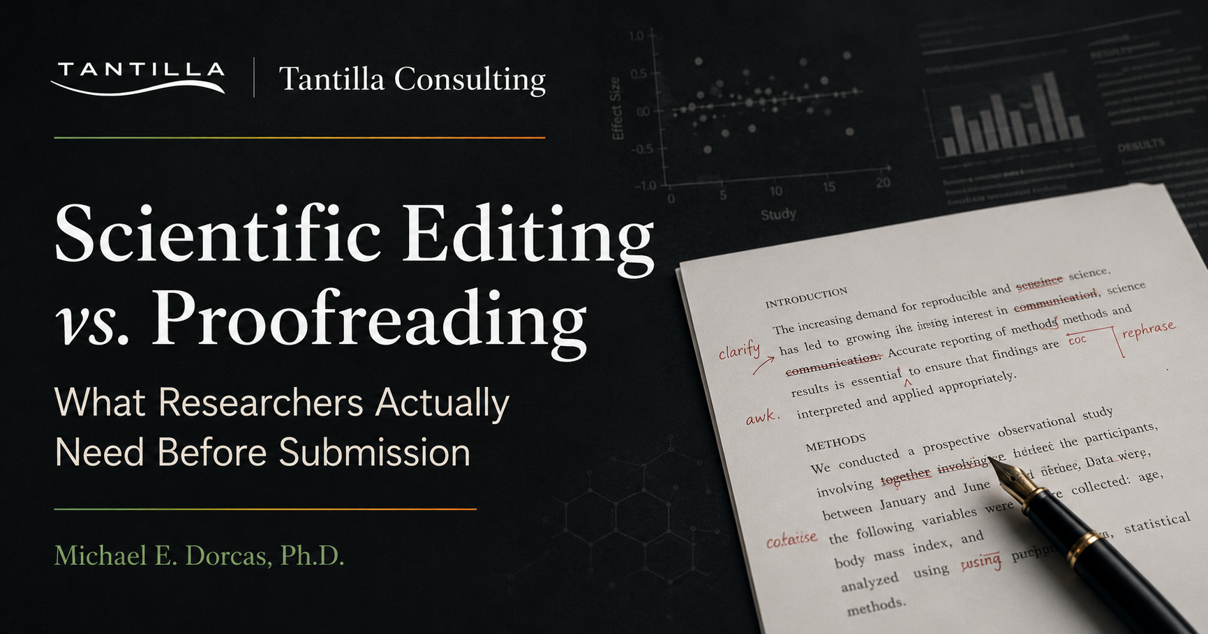 Scientific Editing vs. Proofreading article graphic showing an edited research manuscript