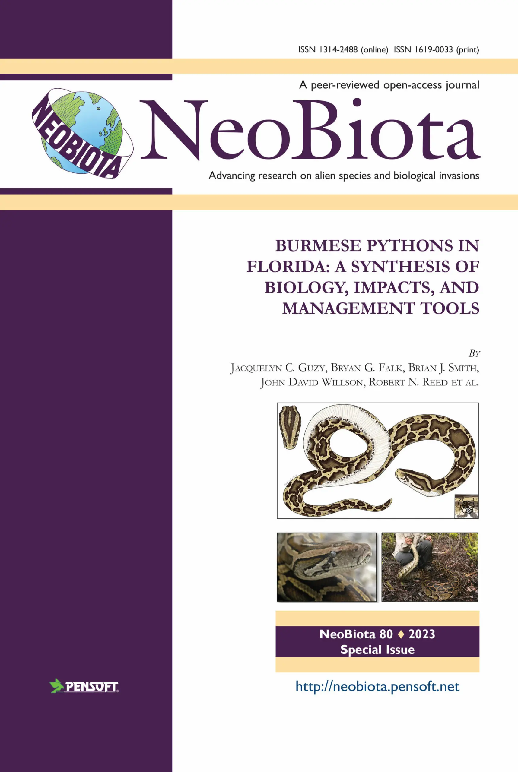 Cover of NeoBiota volume 80 featuring the article “Burmese Pythons in Florida: A Synthesis of Biology, Impacts, and Management Tools.”
