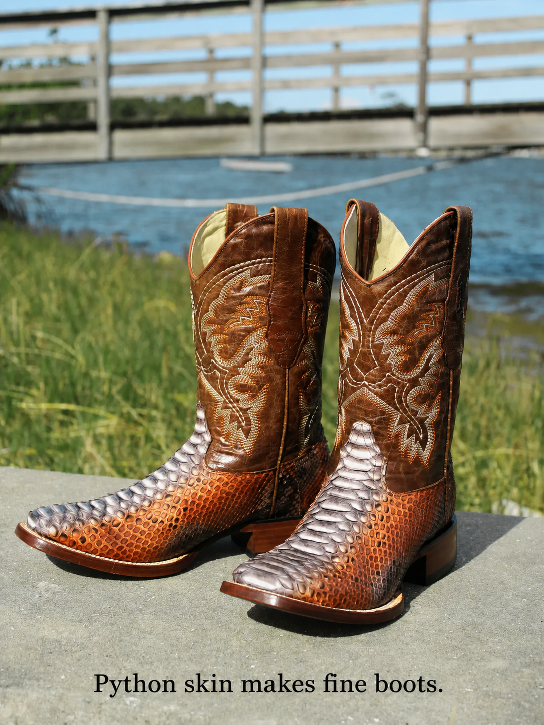 Pair of cowboy boots made from python skin.