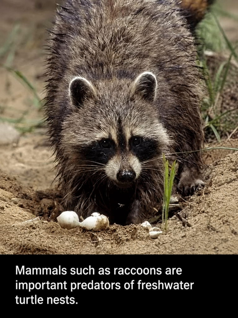 Raccoon at a freshwater turtle nest with exposed eggs, illustrating mammalian predation on turtle nests.