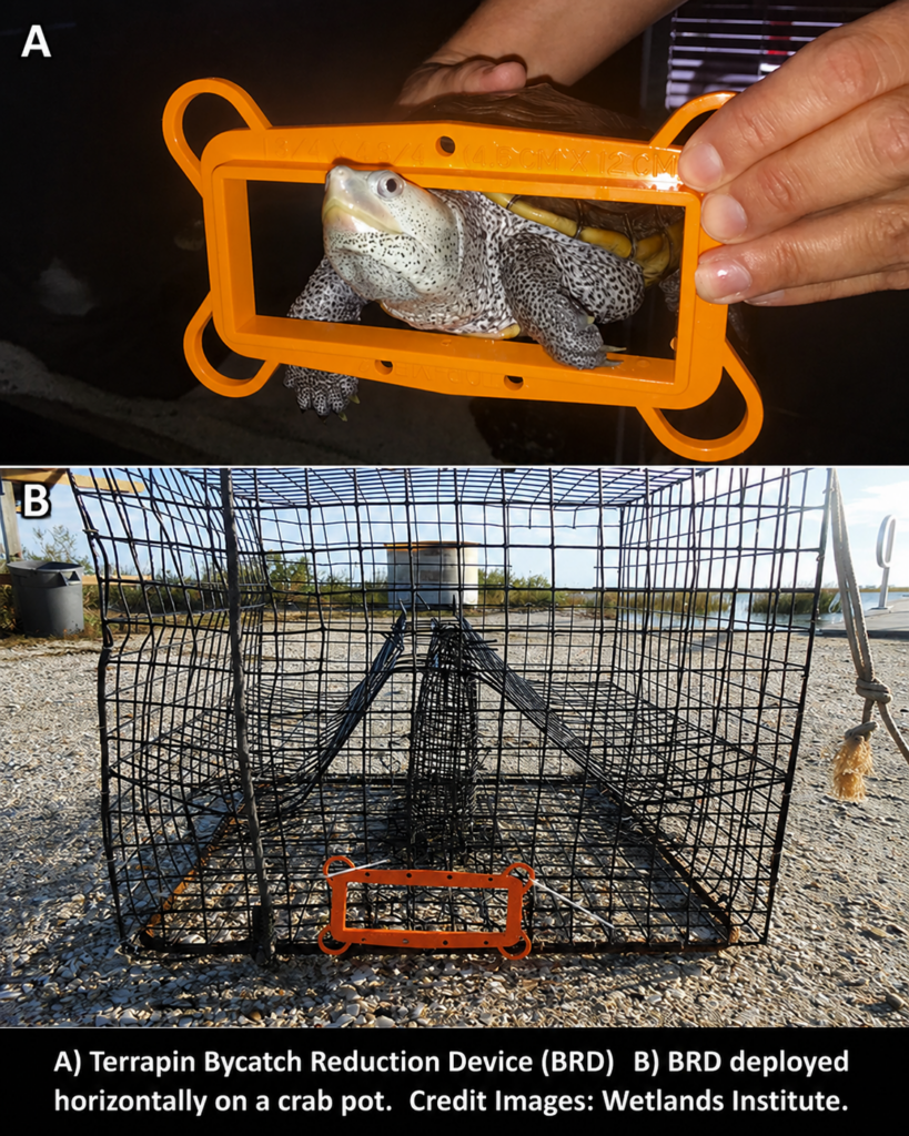 Two-panel image showing a diamondback terrapin with a terrapin bycatch reduction device (BRD) and a BRD deployed horizontally on a crab pot.