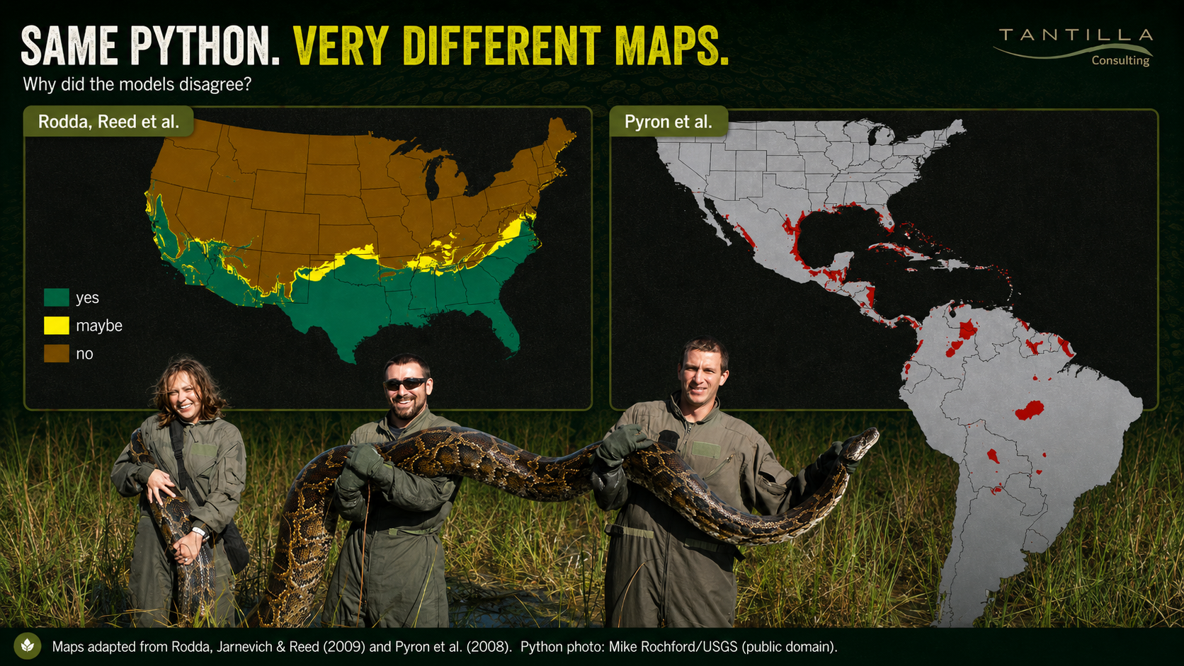 Comparison of Rodda et al. and Pyron et al. Burmese python climate-suitability maps, with researchers holding a large Burmese python.