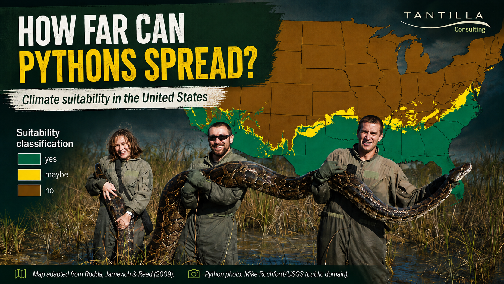 Burmese python climate-suitability map of the United States behind three field researchers holding a large Burmese python, titled “How Far Can Pythons Spread?”